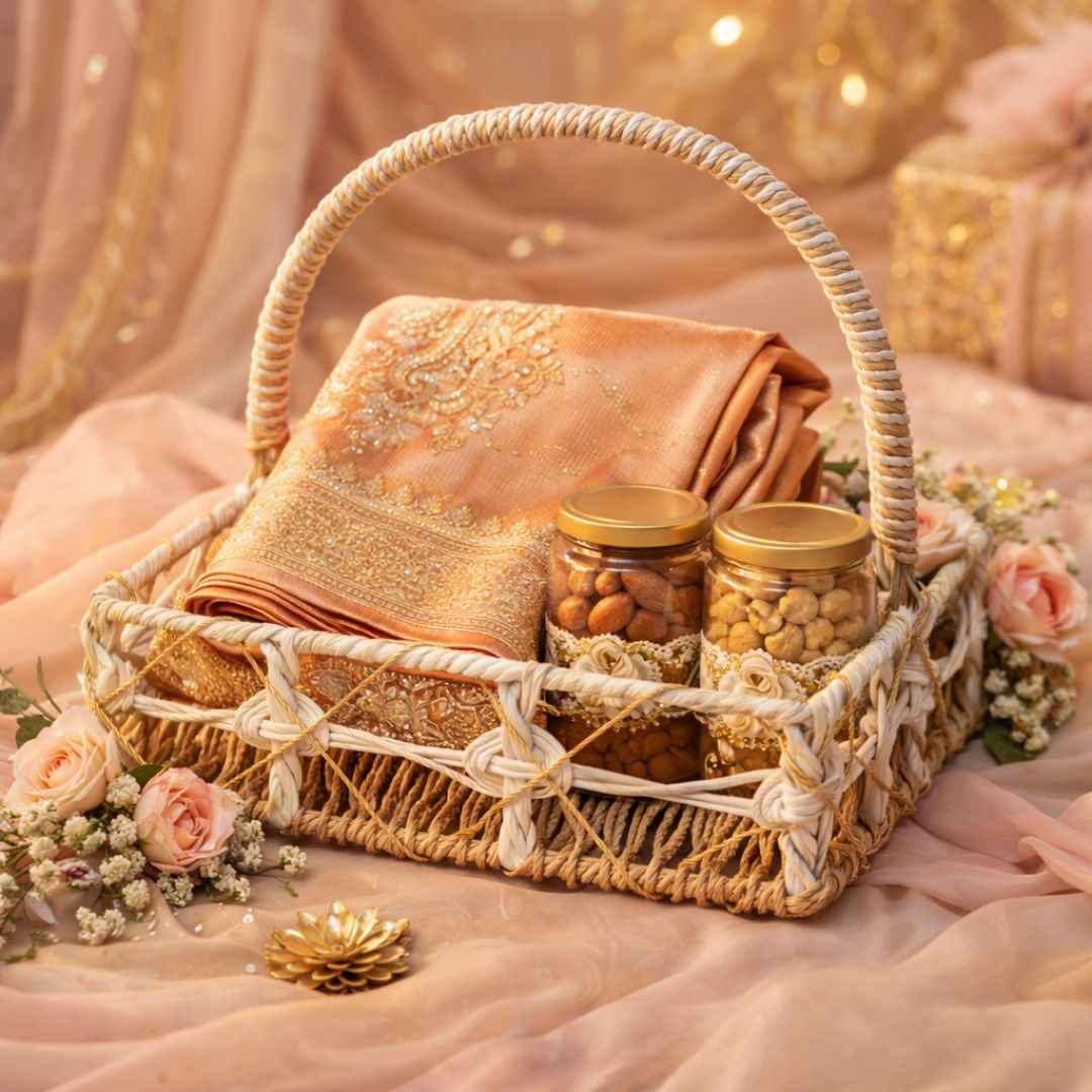 (Set of 3)Premium White & Natural Woven Handle Basket for Wedding Hampers & Trousseau Packing