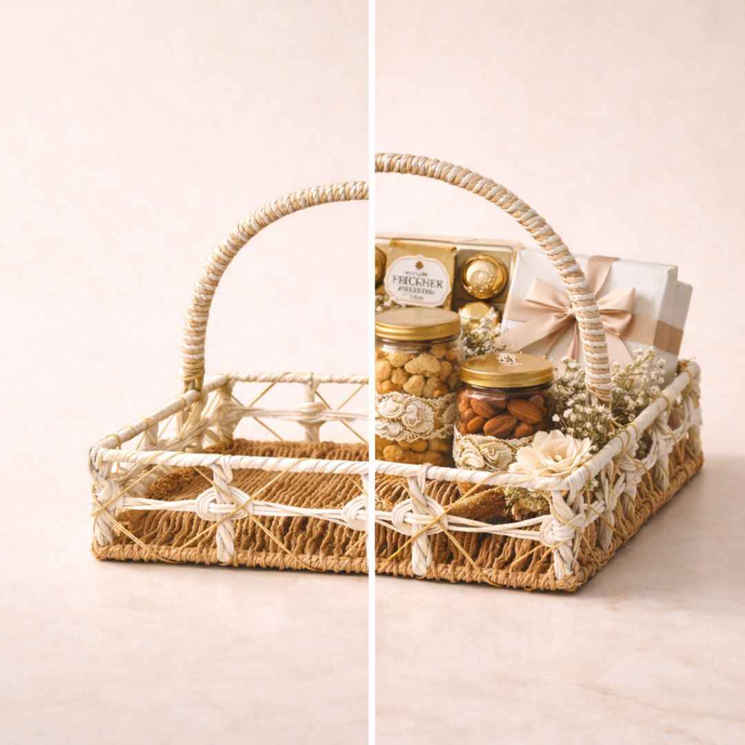(Set of 3)Premium White & Natural Woven Handle Basket for Wedding Hampers & Trousseau Packing