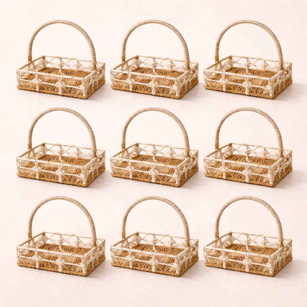 (Set of 3)Premium White & Natural Woven Handle Basket for Wedding Hampers & Trousseau Packing