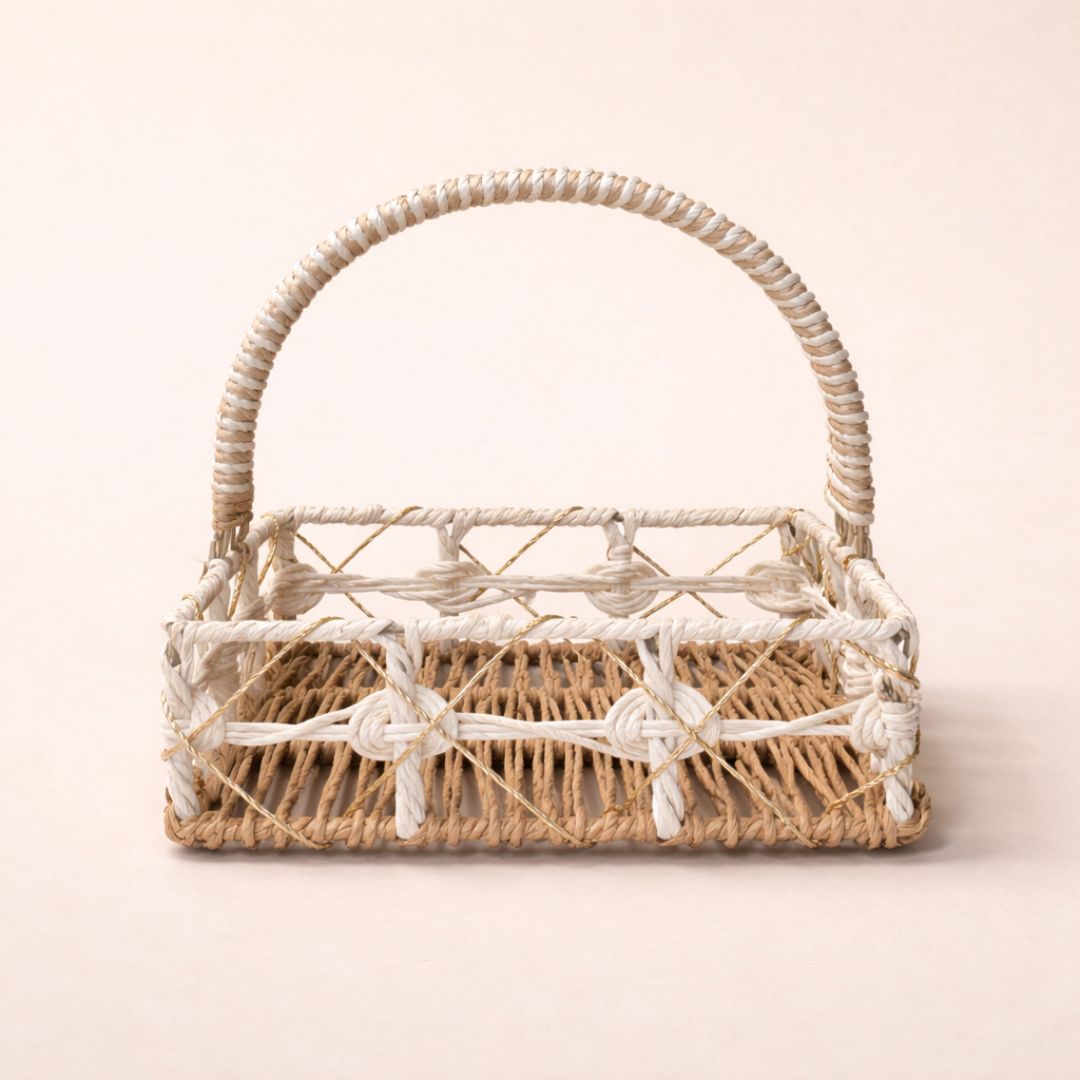 (Set of 3)Premium White & Natural Woven Handle Basket for Wedding Hampers & Trousseau Packing