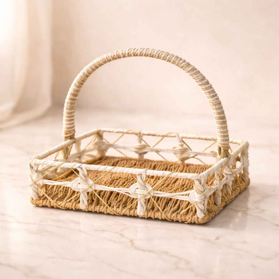 (Set of 3)Premium White & Natural Woven Handle Basket for Wedding Hampers & Trousseau Packing