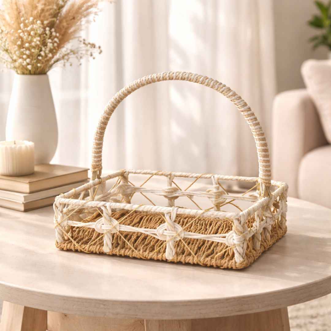 (Set of 3)Premium White & Natural Woven Handle Basket for Wedding Hampers & Trousseau Packing
