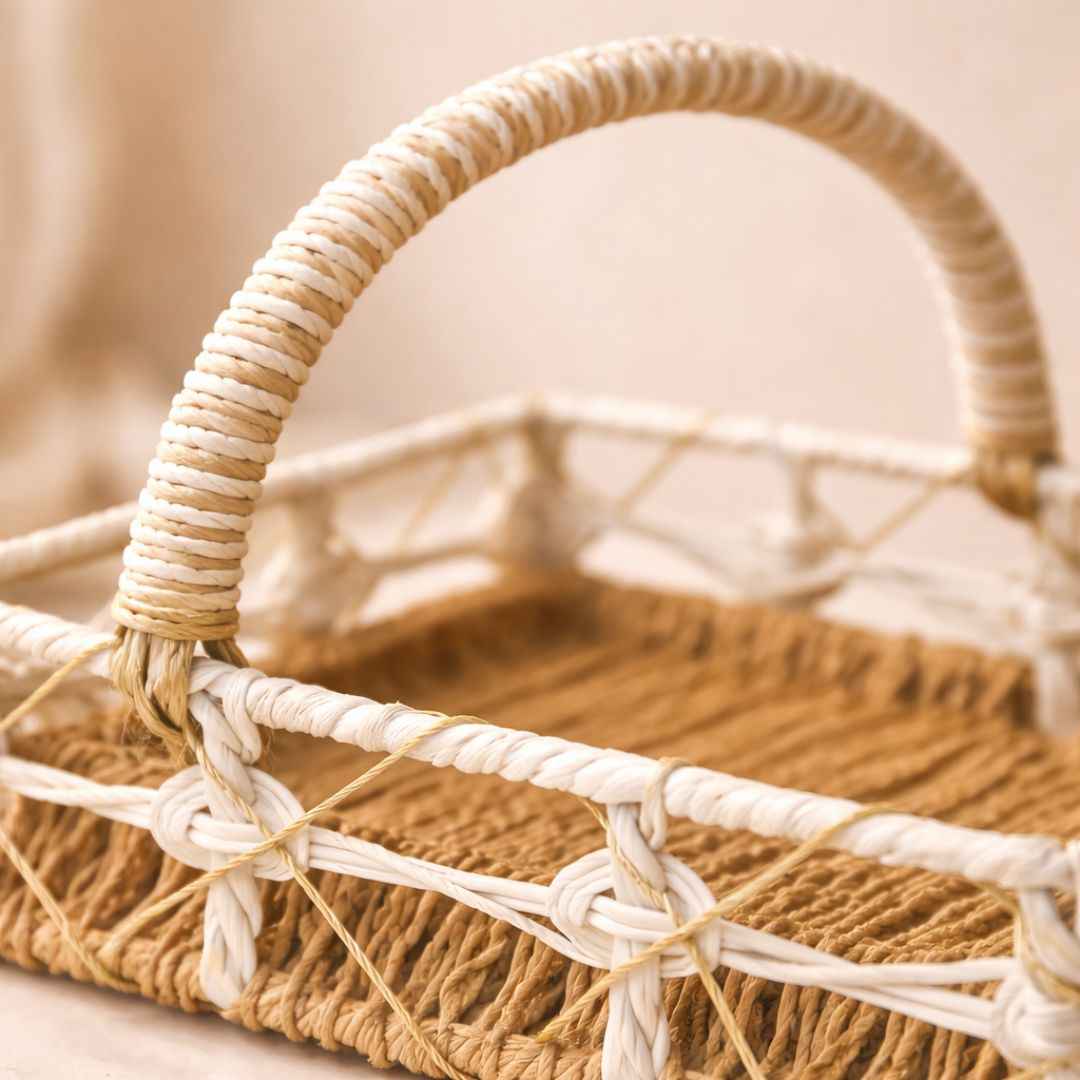 (Set of 3)Premium White & Natural Woven Handle Basket for Wedding Hampers & Trousseau Packing